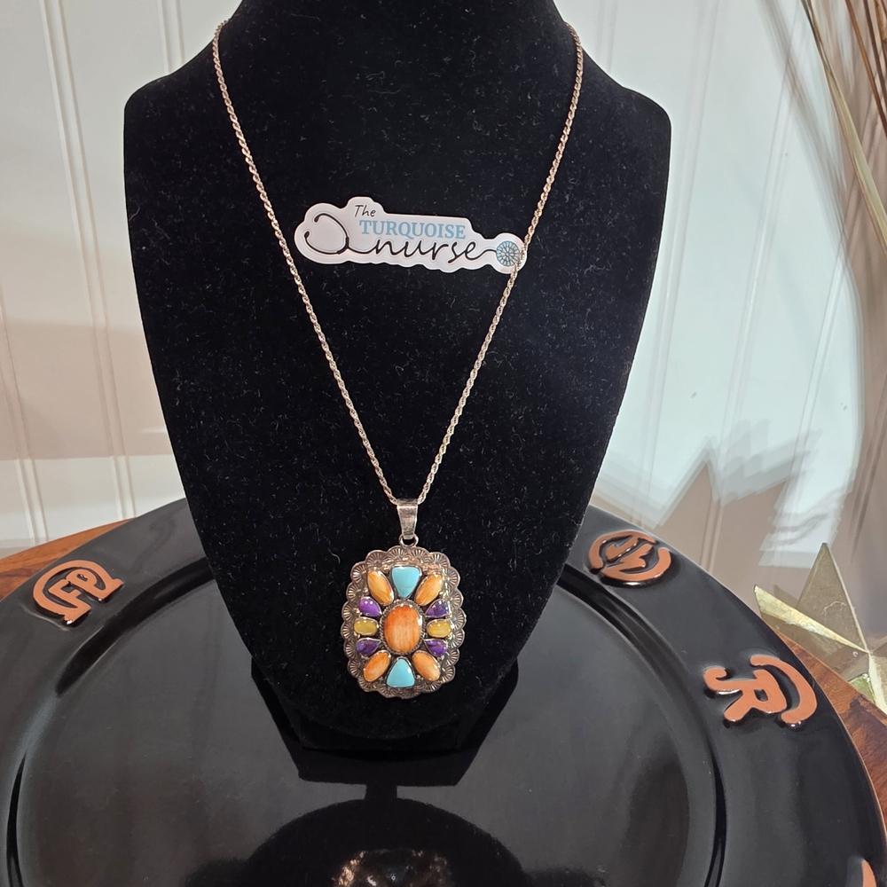 Turquoise, Orange & Purple Stone Pendant Necklace - Women's Silver Tone